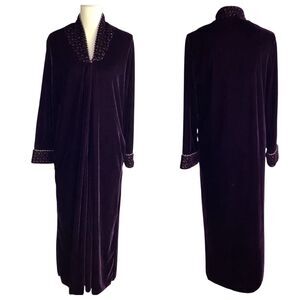 Vintage Velvet Housecoat Robe Purple Gold Trim Women's S 1/2 Zip Long Nightgown